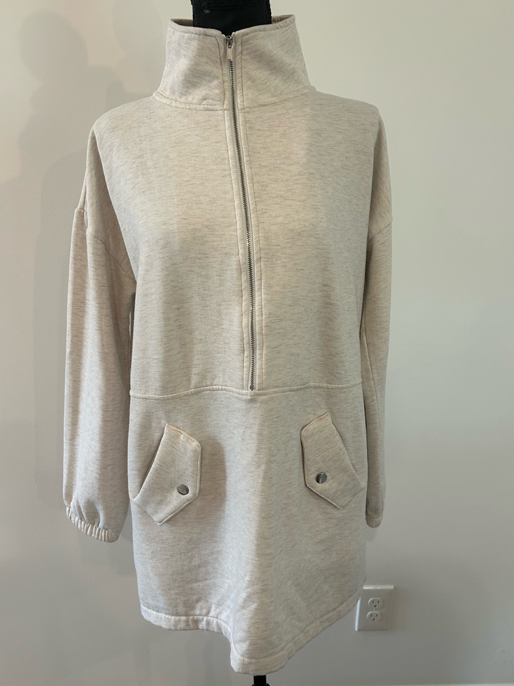 H by Halston Ivory Funnel Neck Zip Front Tunic Sweatshirt Top
